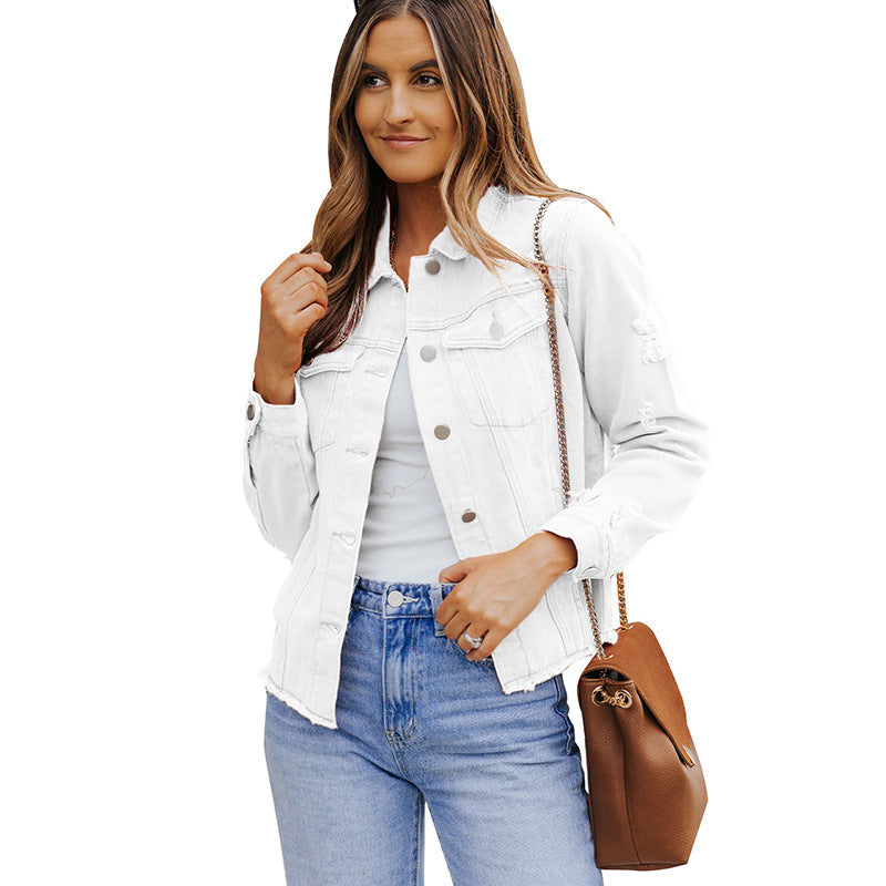 Women's Solid Color Single Row Washed Denim Cardigans