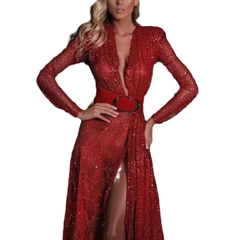 Unique Sexy Split Sequined Long Mop Dress