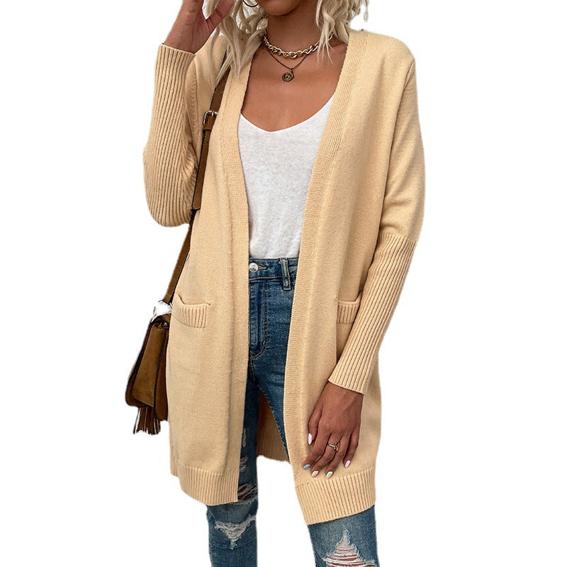 New Versatile Women's Solid Color Pocket Sweater