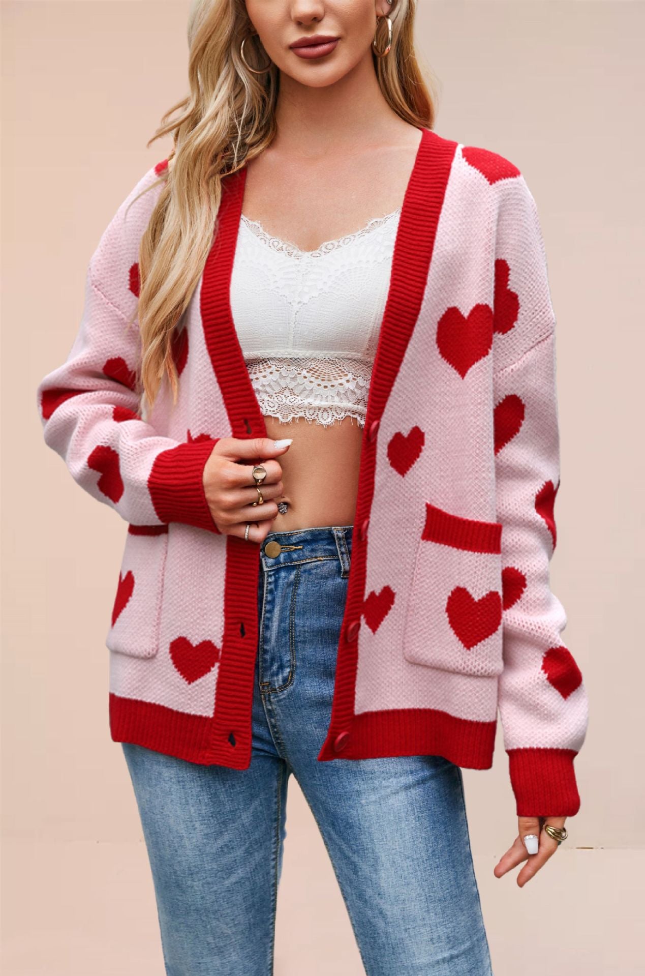 Women's Valentine's Day Love Peach Knitted Pocket Sweaters