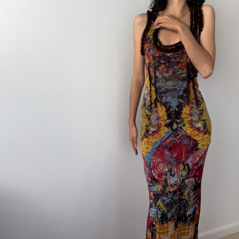 Women's Summer Fashion Vintage Printed Sexy Collar Dresses