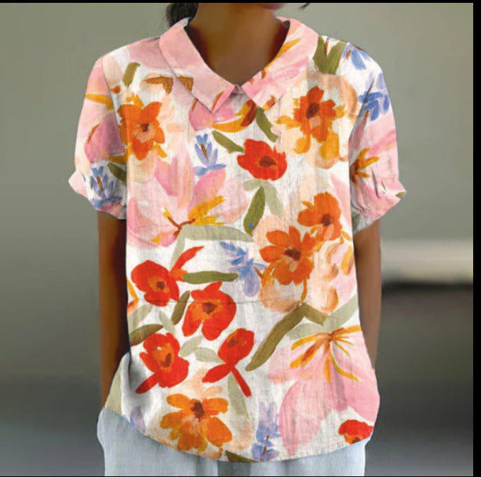 Women's Summer Loose Print Crew Neck Casual Blouses