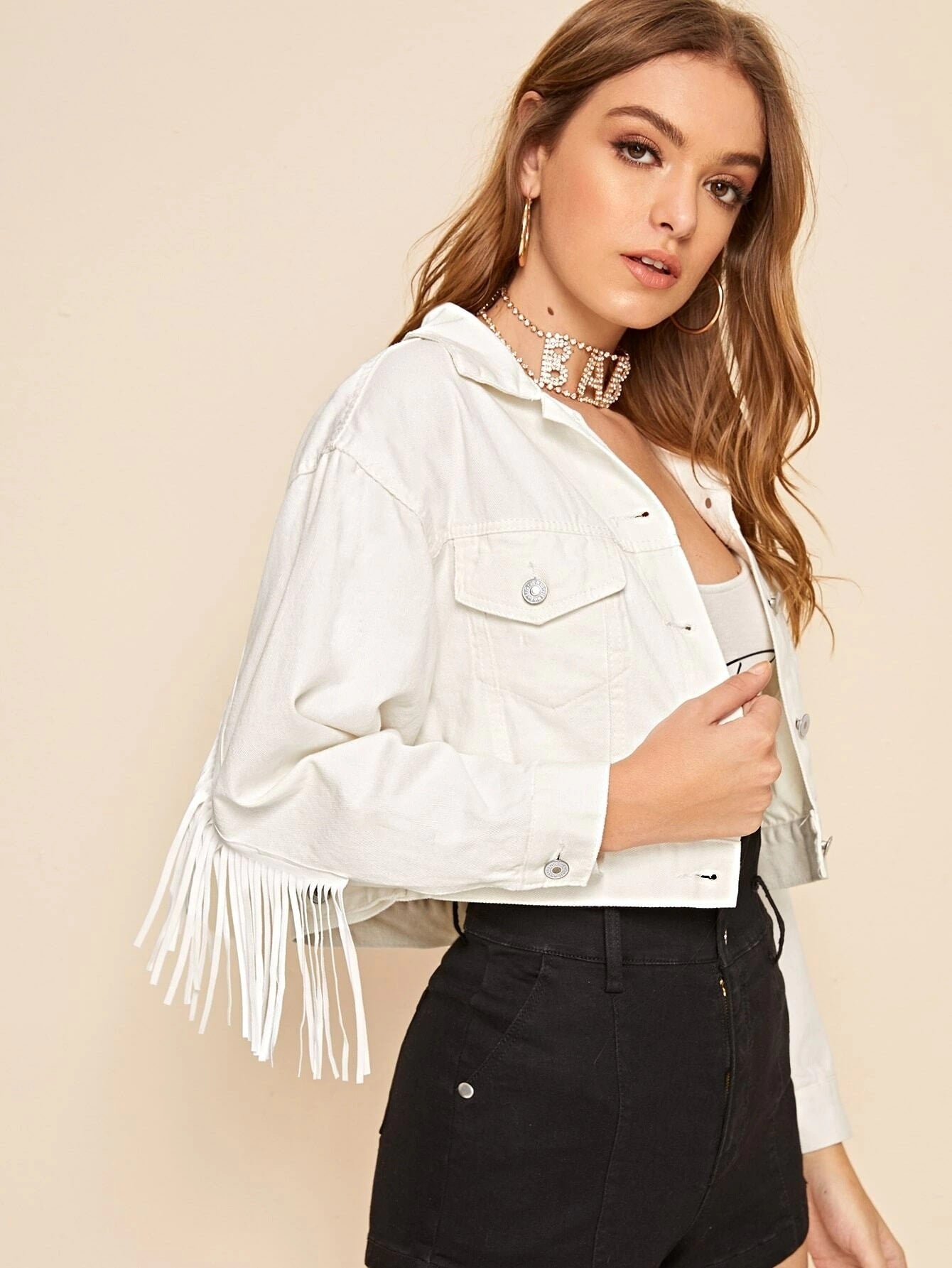 Women's Versatile Graceful Tassel White Denim Jackets