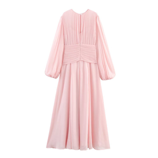 Women's French Style Round Neck Waist Trimming Dresses