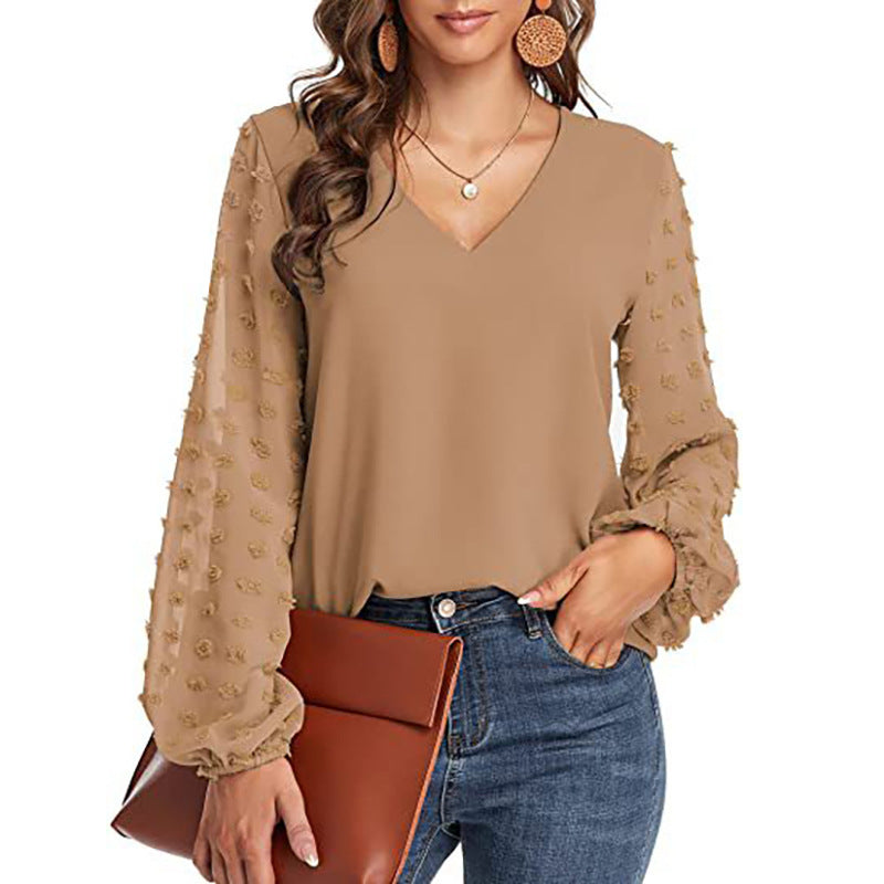 Women's Chiffon Shirt Stitching Big Fur Ball Blouses