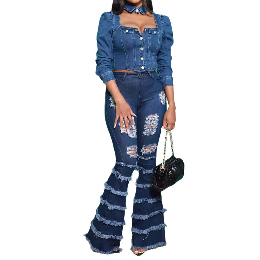 Women's Ripped Patchwork Retro Raw Hem Bell-bottom Jeans