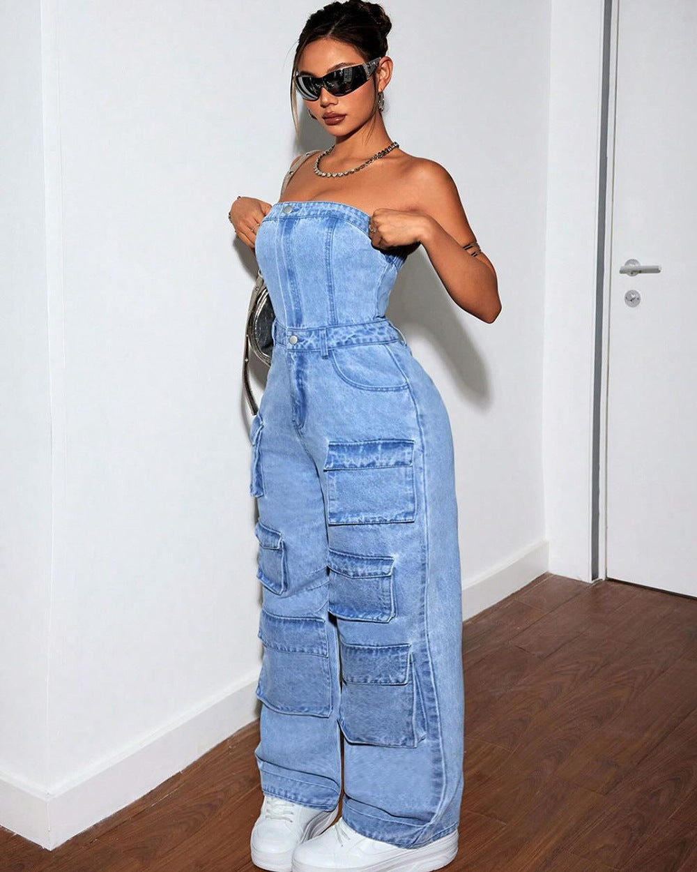 Women's Denim Fashion Hot Tube Cargo Jumpsuits