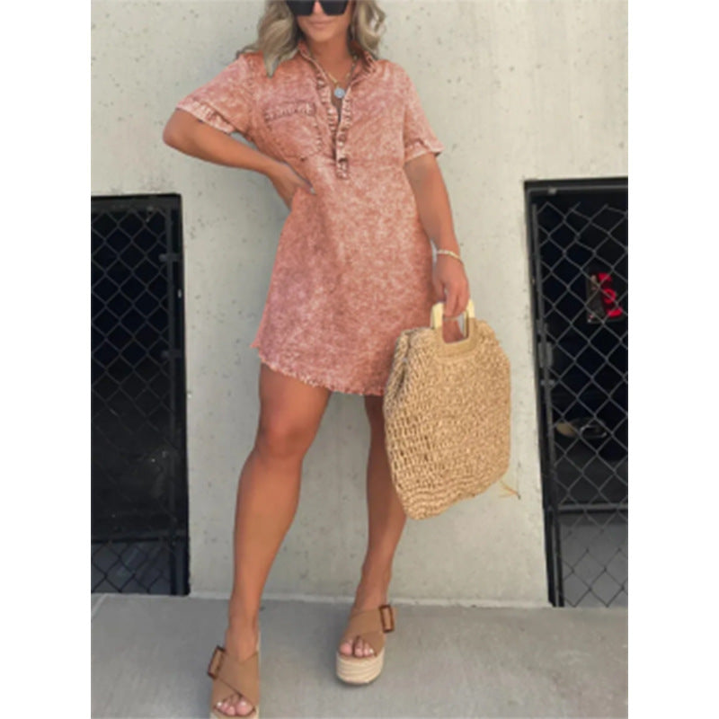 Summer Shirt Collar Denim Tassel Hem Dresses