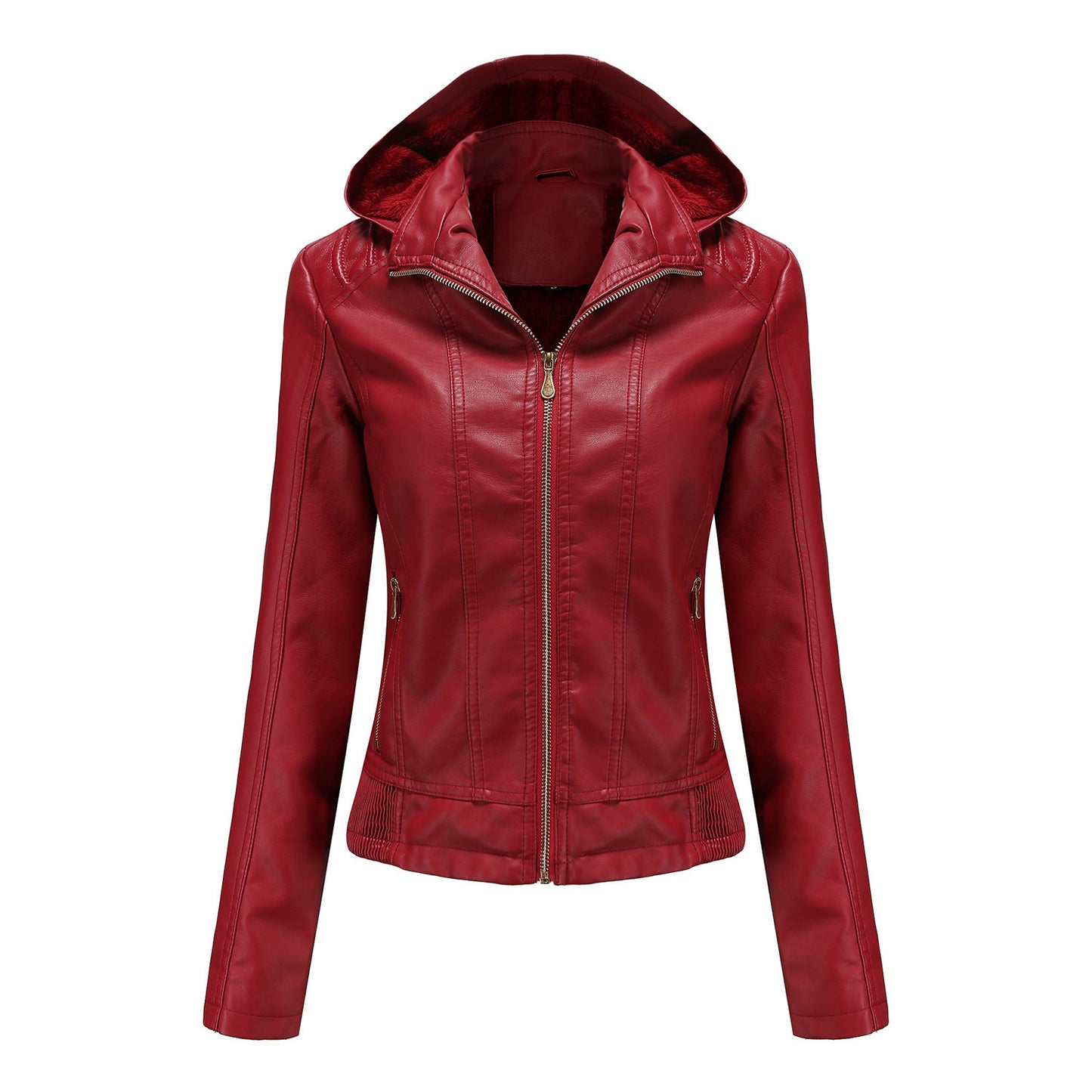 Women's Leather Detachable Hat Zipper Fleece-lined European Jackets