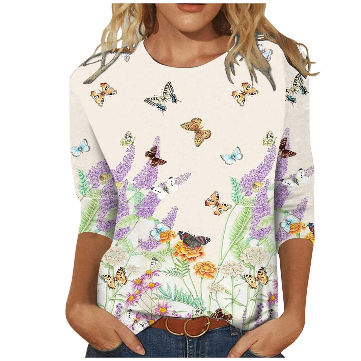 Women's Round Neck Long Sleeve Loose Print Blouses