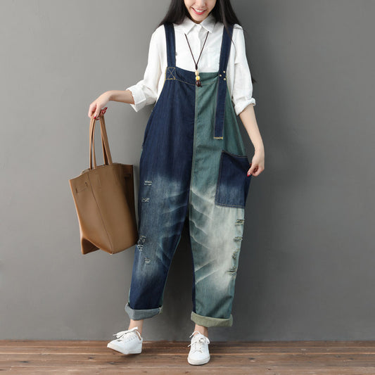 Worn Color Matching Ripped Female Overalls Jeans