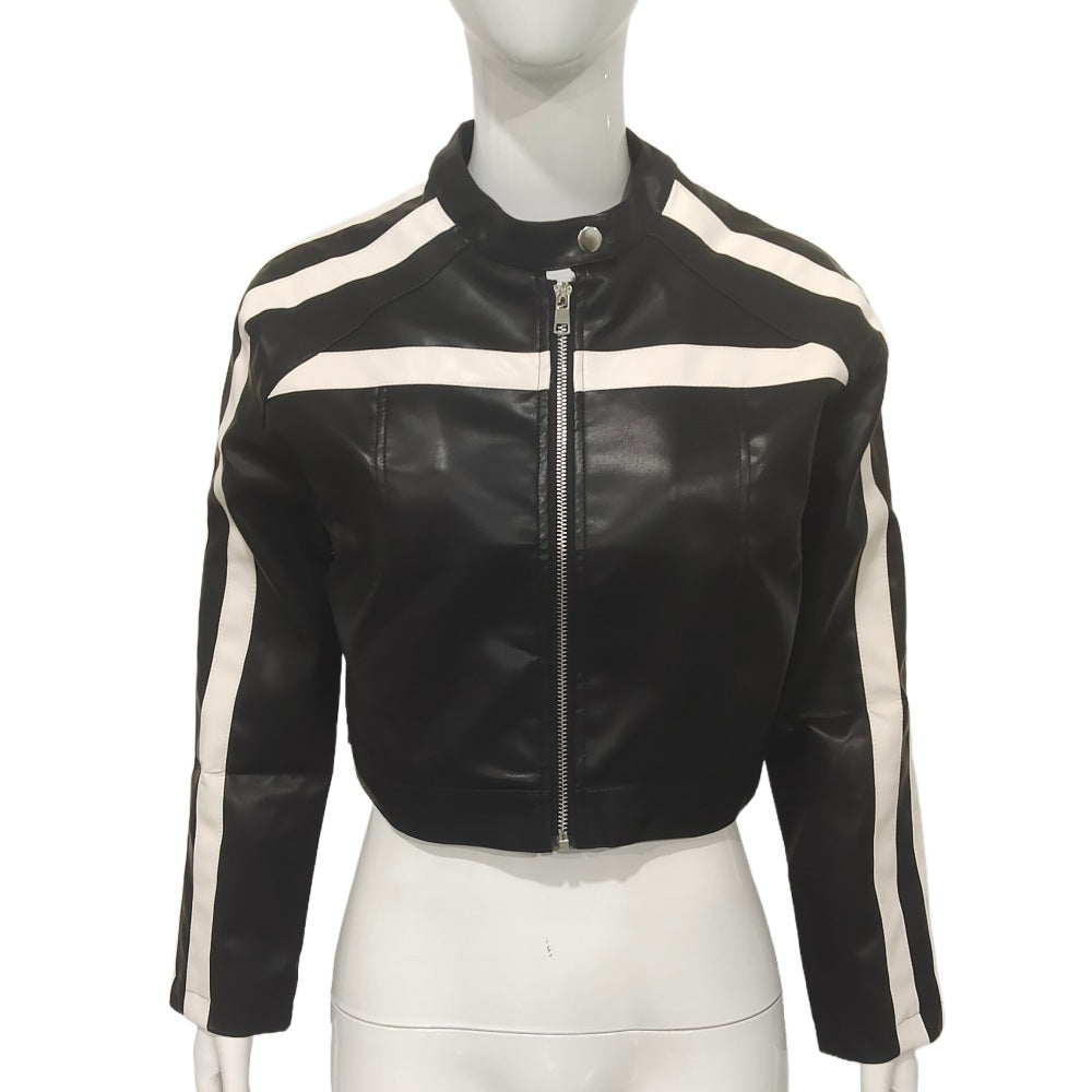 Women's Retro Contrast Color Striped Leather Autumn Jackets