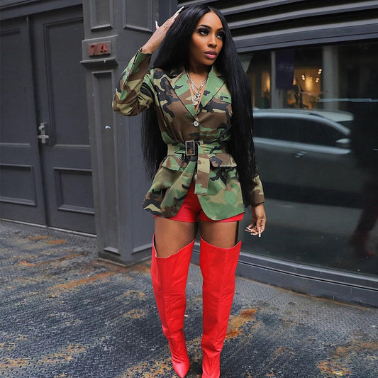 Women's Fashion Camouflage Belt Collar Three Button Coats