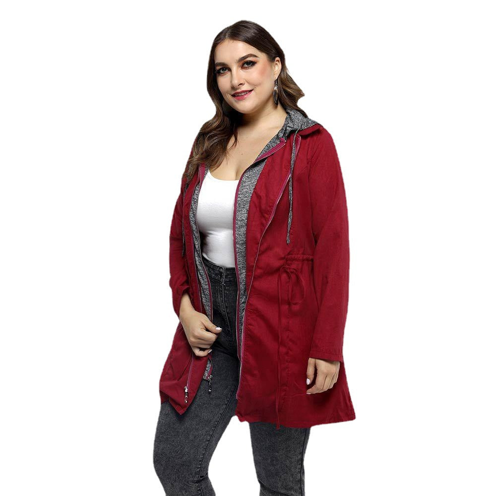Women's Mid-length Zipper Fake Two-piece Hooded Style Coats