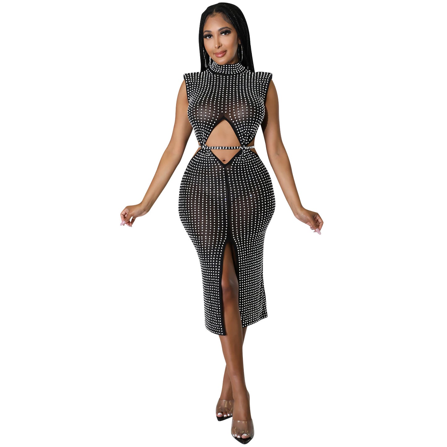 Women's Fashion Sexy Mesh Rhinestone Hollow Split Dresses