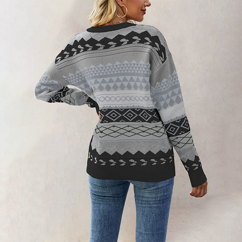 Women's Pattern Rhombus Jacquard Mosaic Pullover Vintage Sweaters