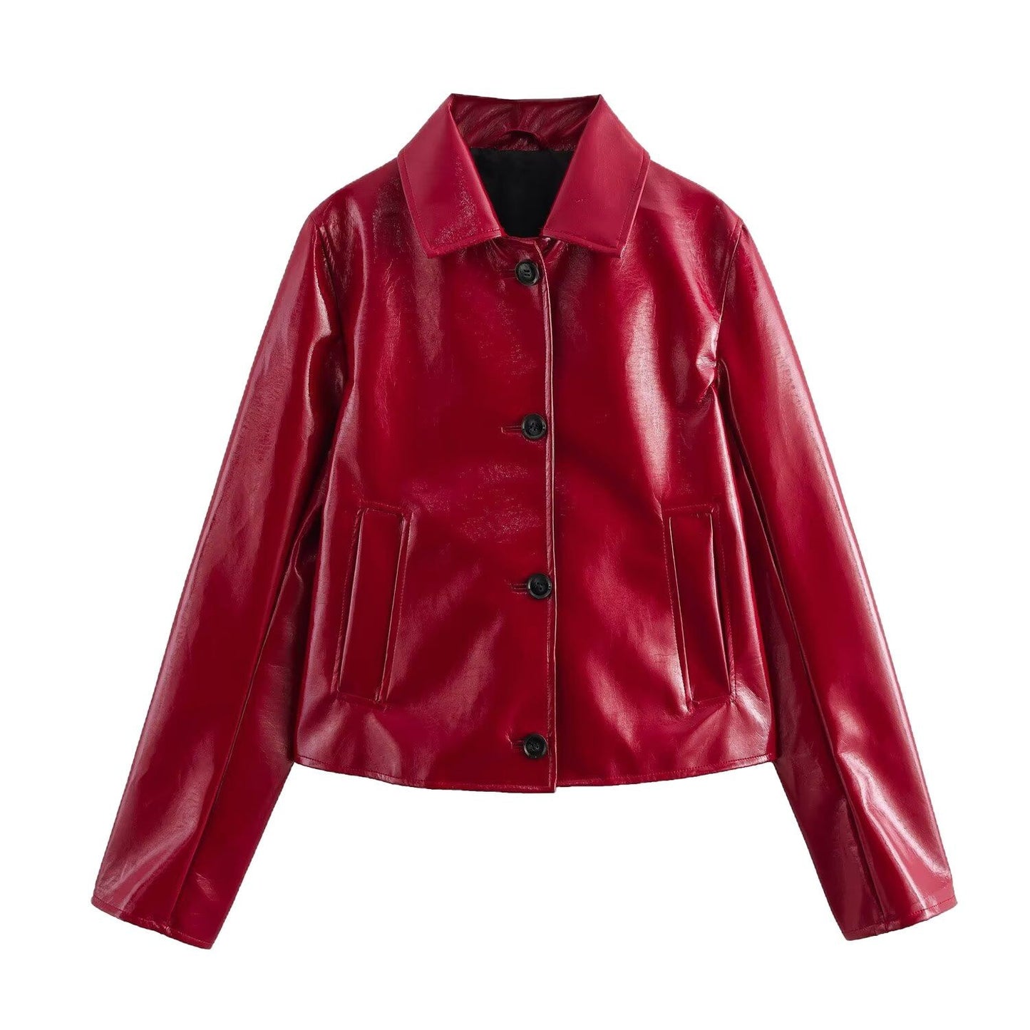 Women's Fashion Red Bright Leather Long Sleeve Jackets
