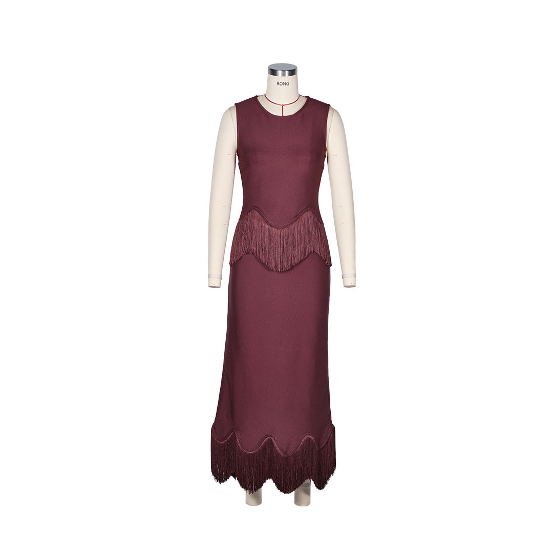 Women's Tassel Decorative Midi Wine Red Elegant Bandage Dress