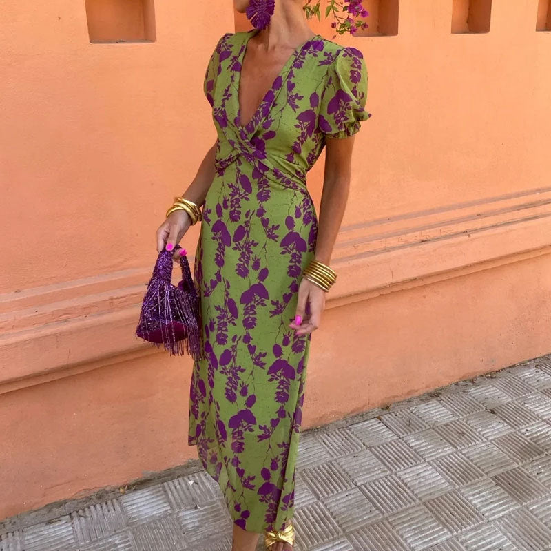 Women's Color Contrast Printed Long Dress Elegant Dresses