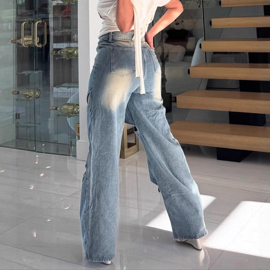 Women's Street Hollow Out Clinch Distressed Straight Jeans