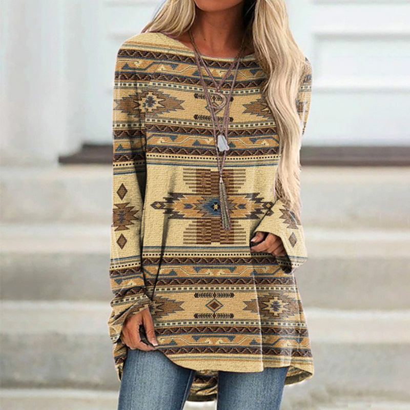 Women's Digital Printing Round Neck Long Sleeve Blouses