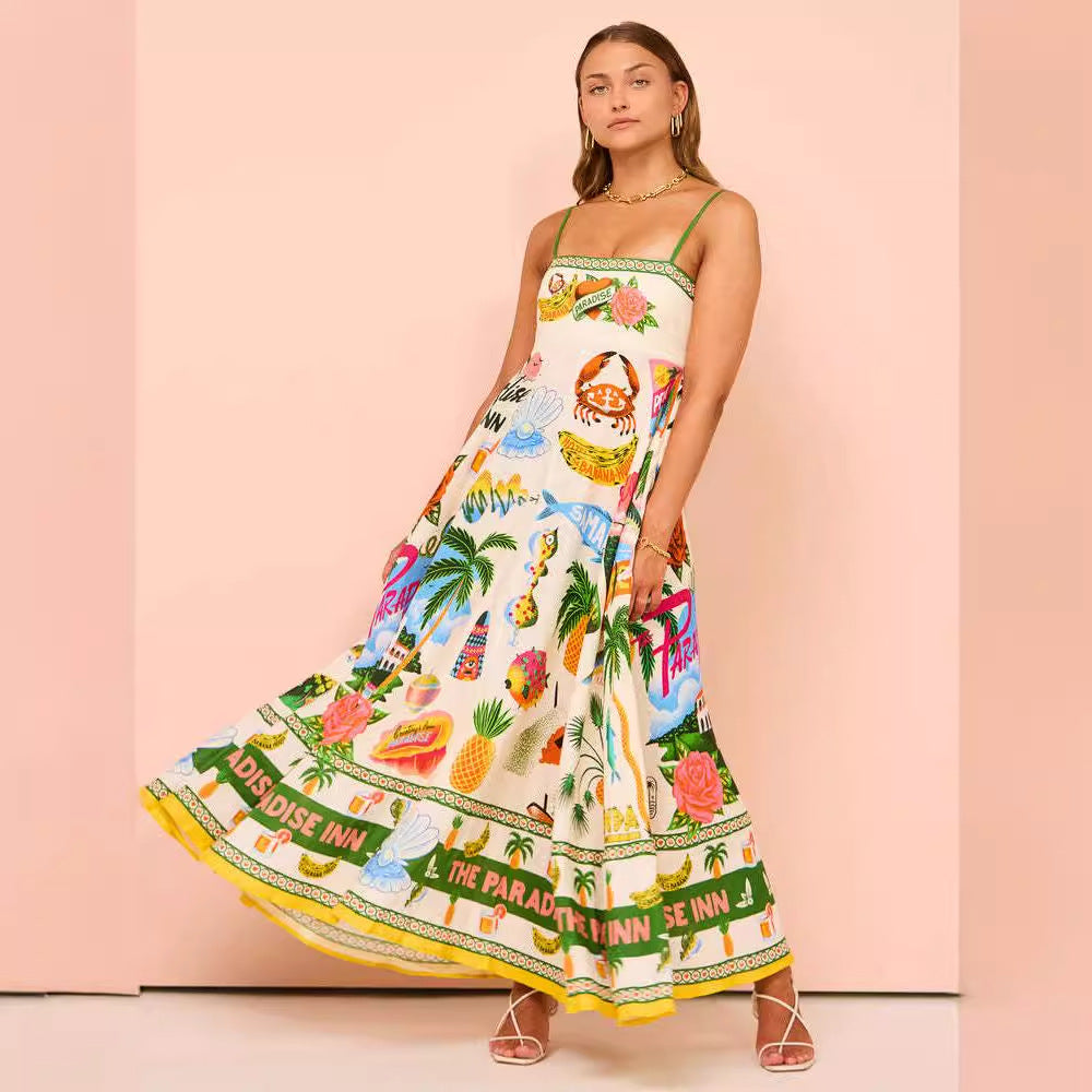 Women's Sling Temperament Printed High Waist Big Dresses