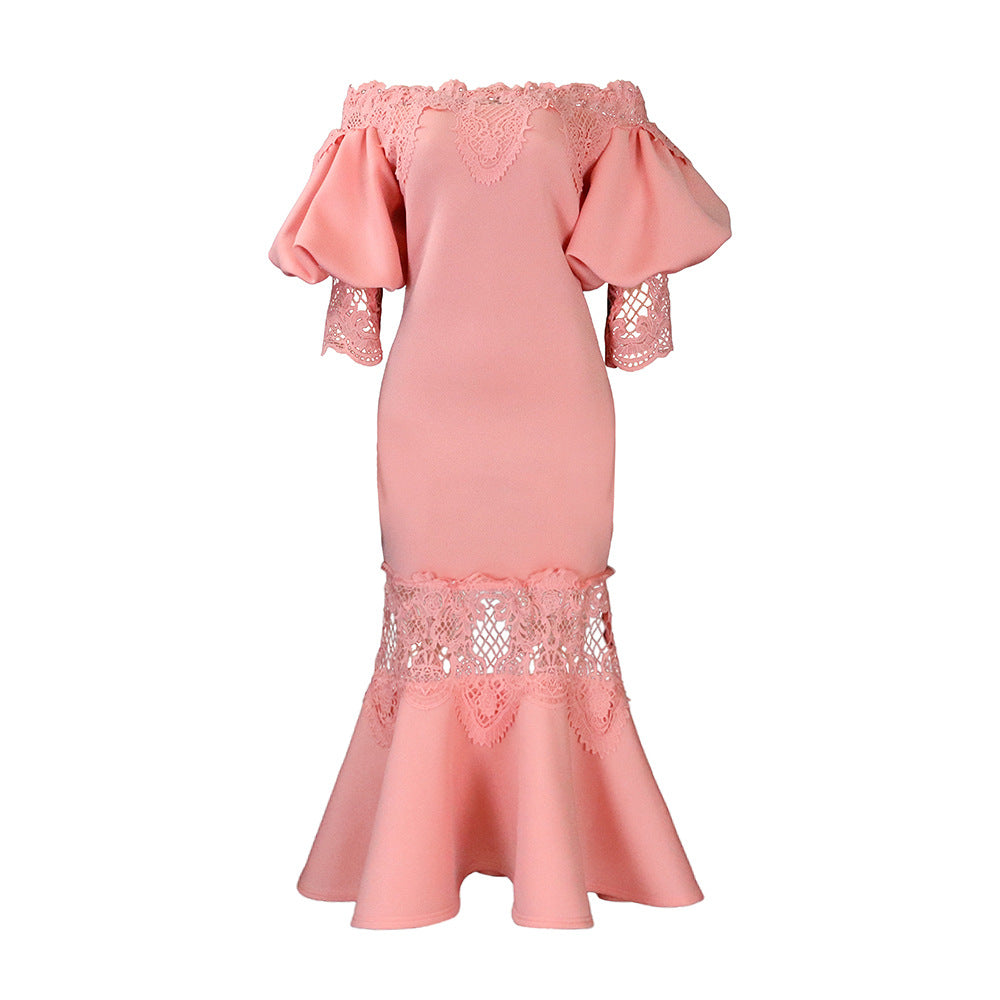 Women's Puff Sleeve Lace Stitching Banquet Fishtail Dresses