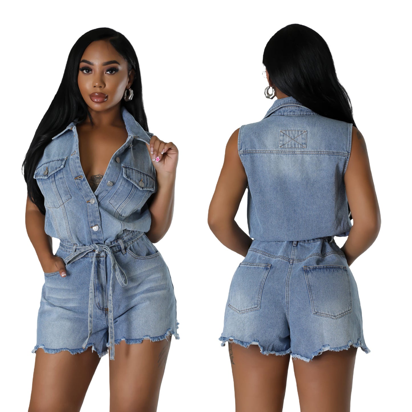 High Elastic Sleeve Loose Wash Denim Jumpsuits