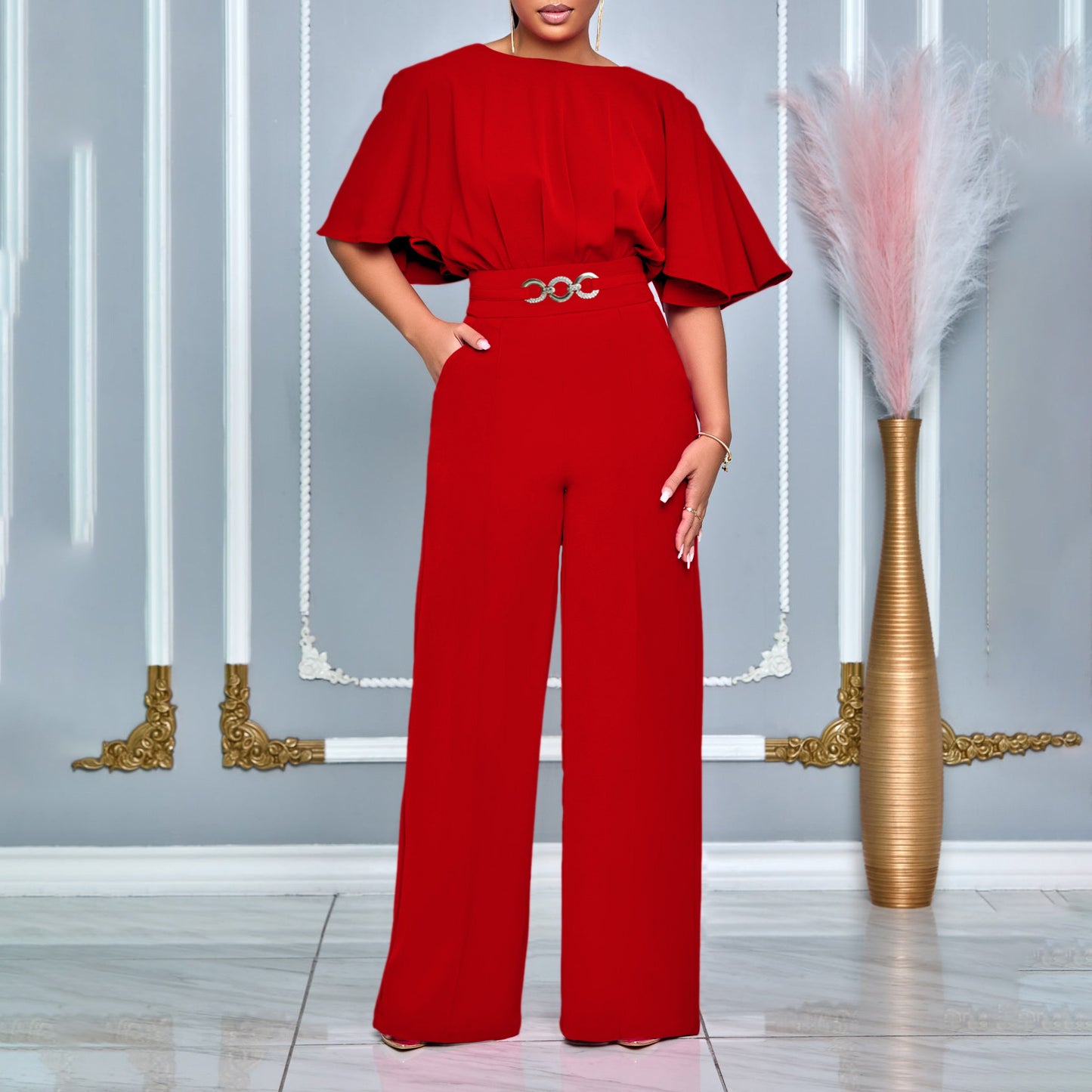 Women's Summer Fashion Round Neck Solid Color Pants