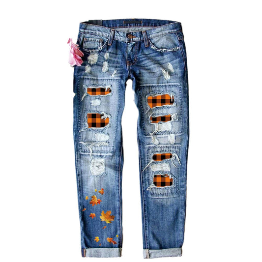 Women's Independent Ripped Print Casual Mid Waist Jeans