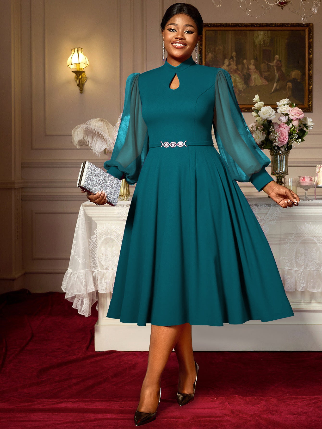 Women's Large Elegant Purple Midi Dress High Collar Dresses