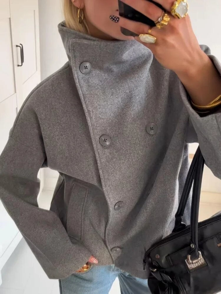 Women's Quality Stand Collar Double Breasted Pocket Coats