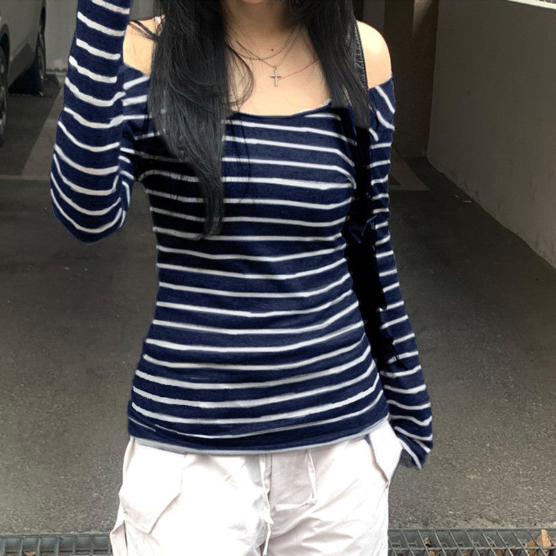 Women's Distressed Striped Long-sleeved T-shirt For Spring Blouses