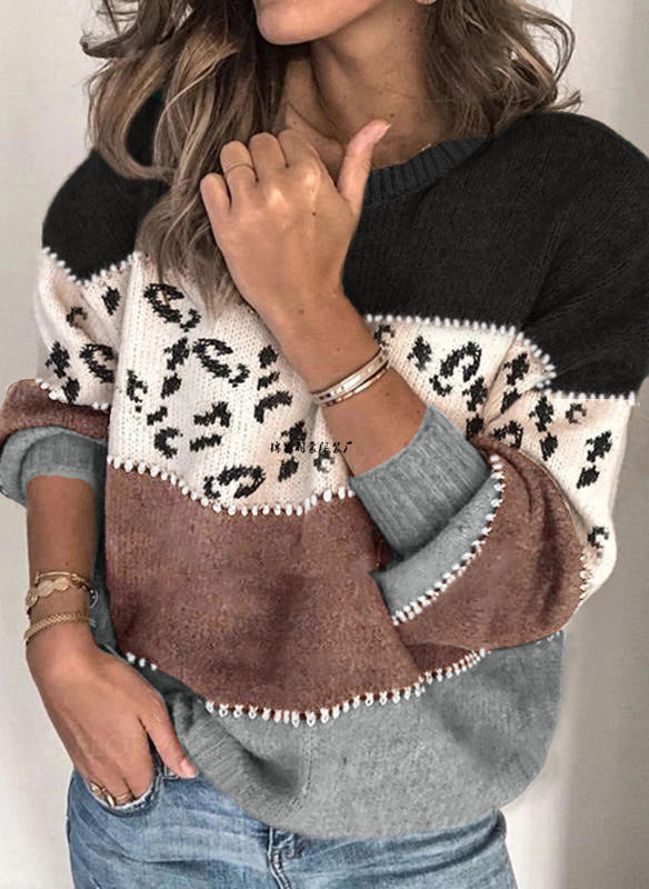 Leopard Splicing Fashionable Knitted Pullover Knitting Knitwear