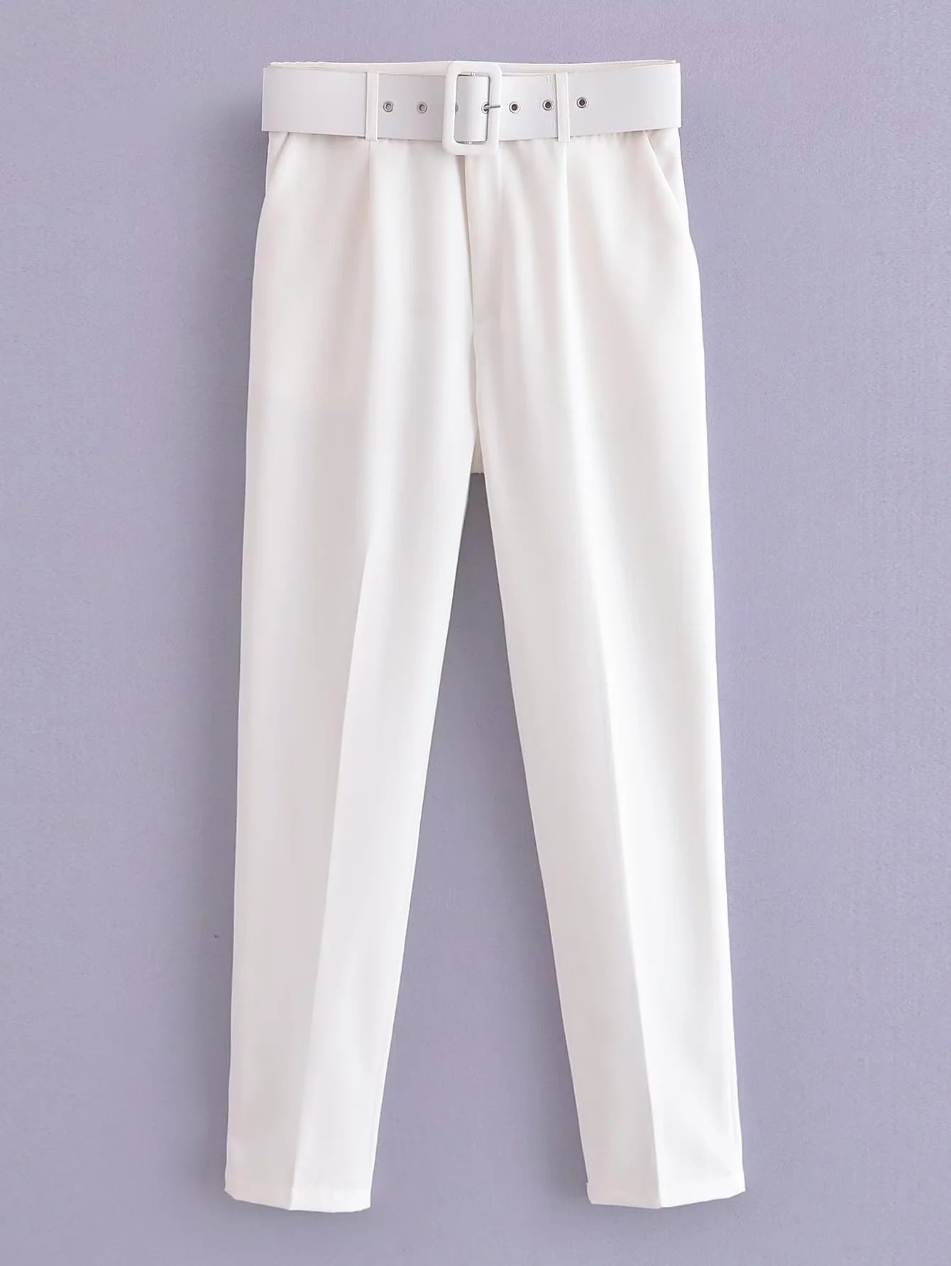 Women's European Spring With Belt Pure White Pants