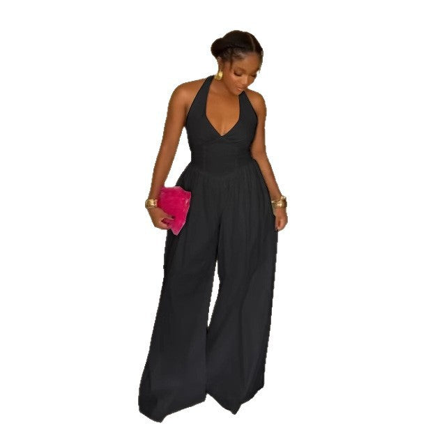 Elegant Halter Backless Slim Fit Solid Color Jeans