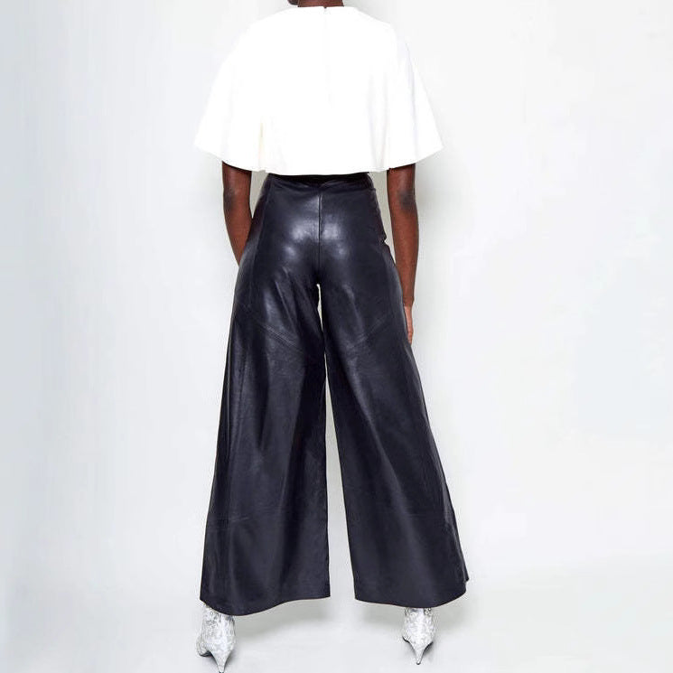 Women's Fashion Leather High Waist Loose Pockets Pants
