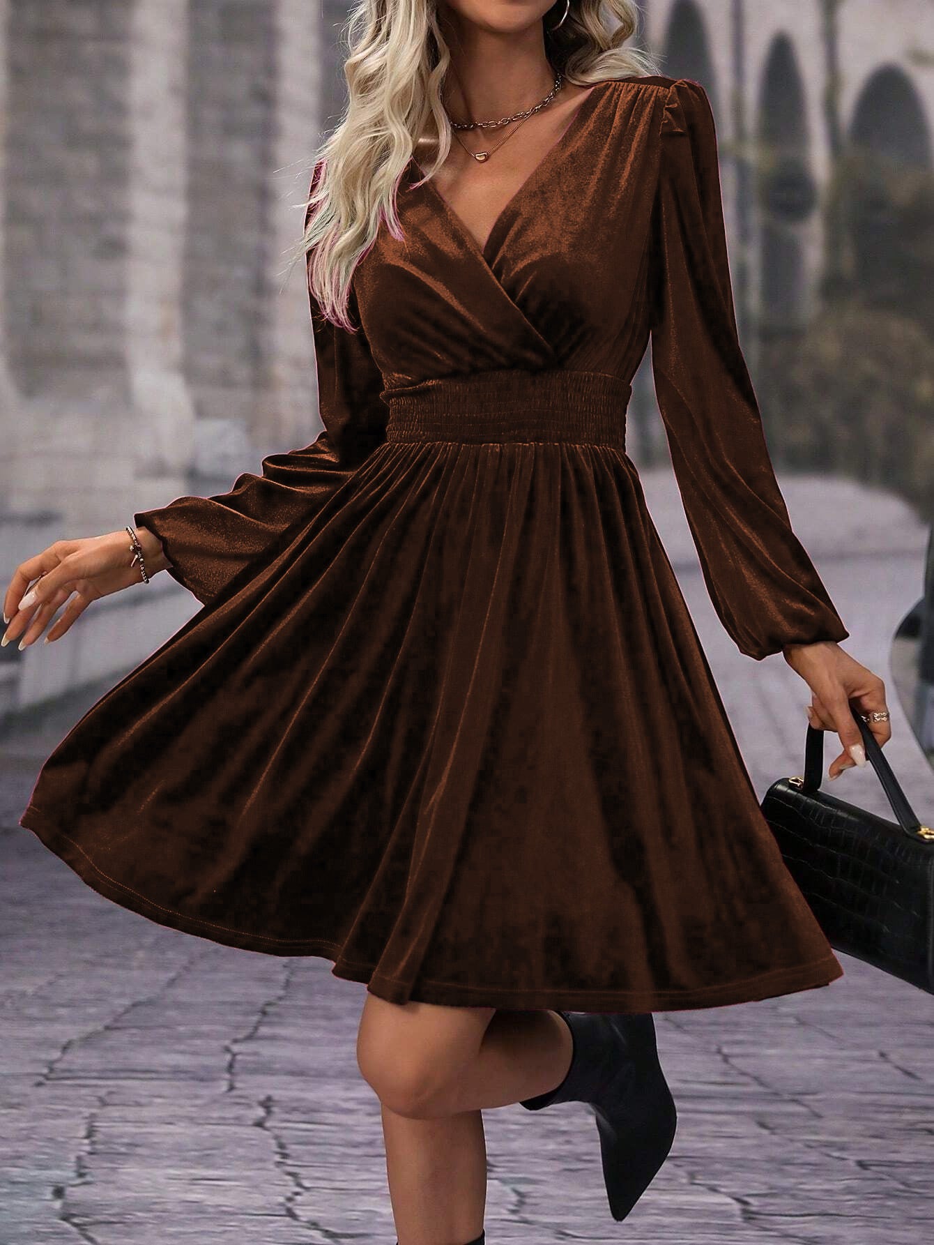 Versatile Veet Solid Color Long Sleeve Dress