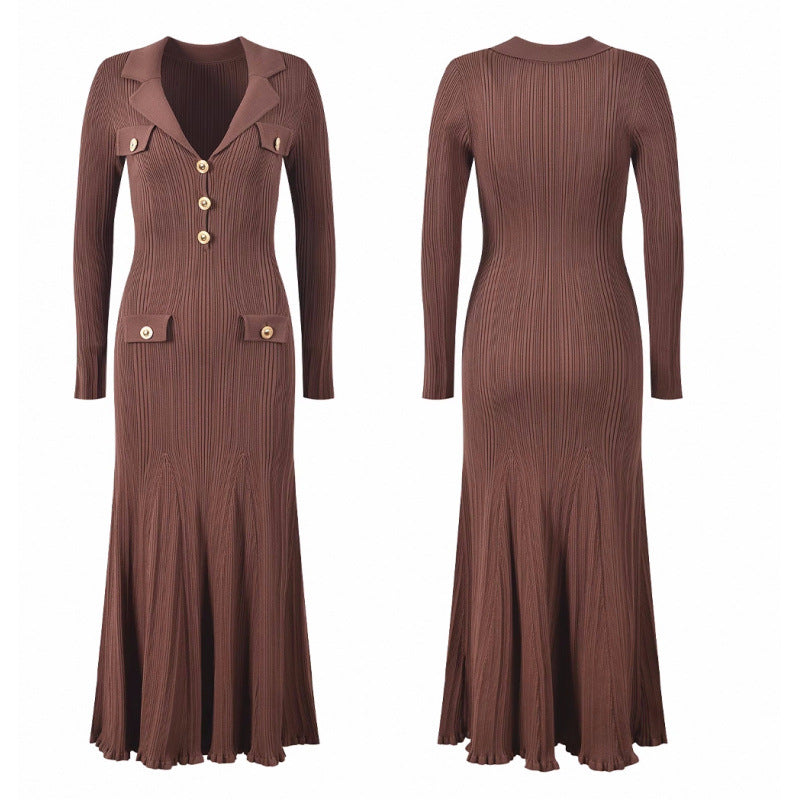 Collar Gold Buckle Vertical Stripes Long Fish Dresses