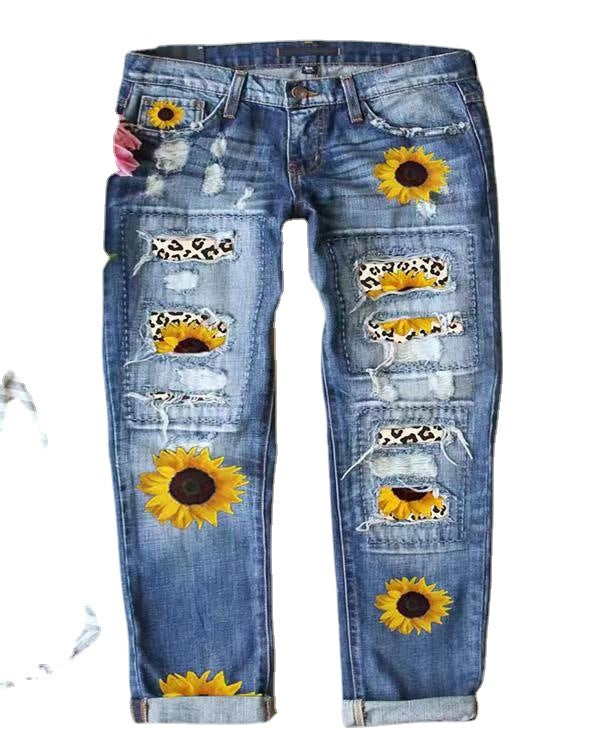 Women's Sunflower Print Ripped Straight Denim Trousers Jeans