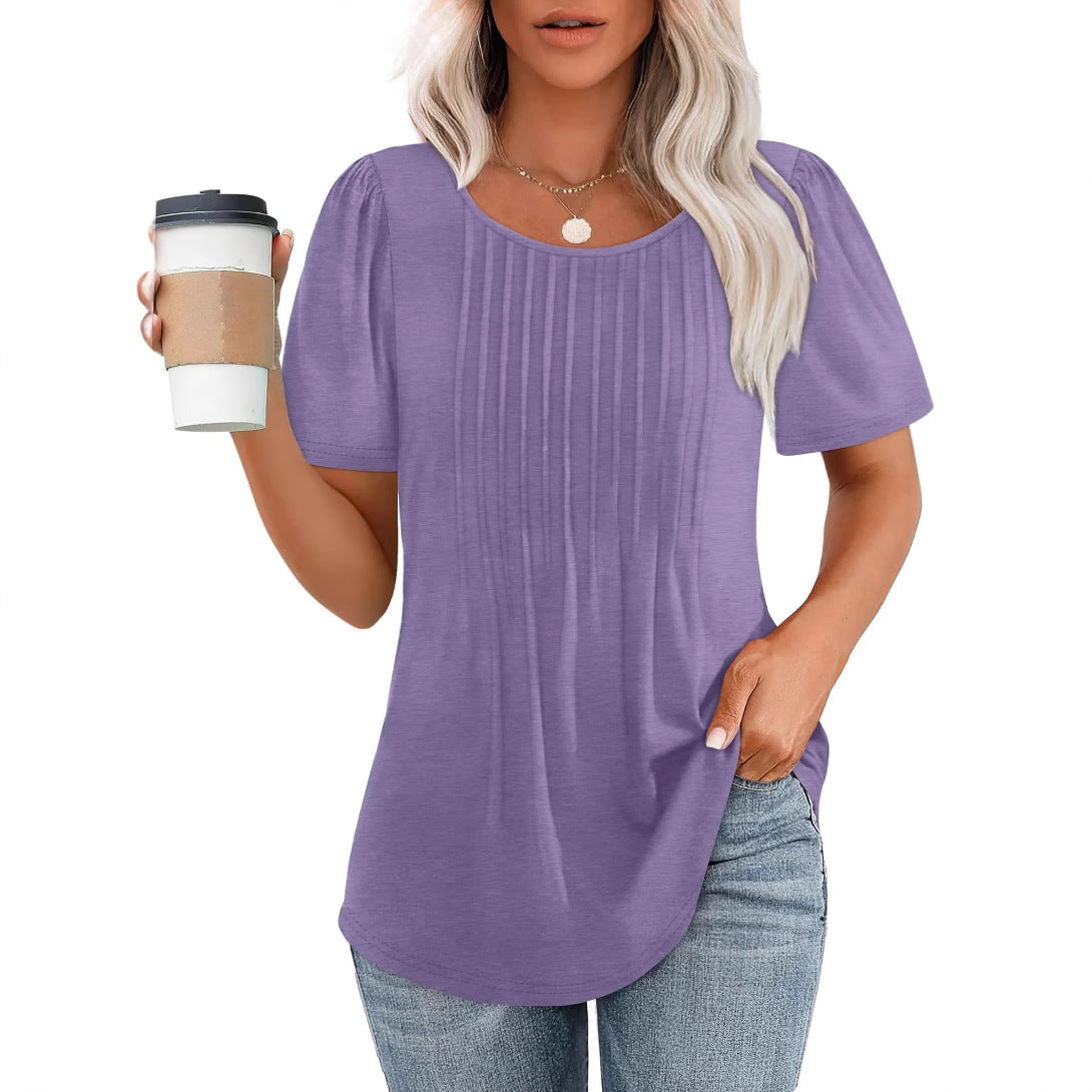 Women's Loose Pleated Round Neck Sleeve T-shirt Stripes Blouses