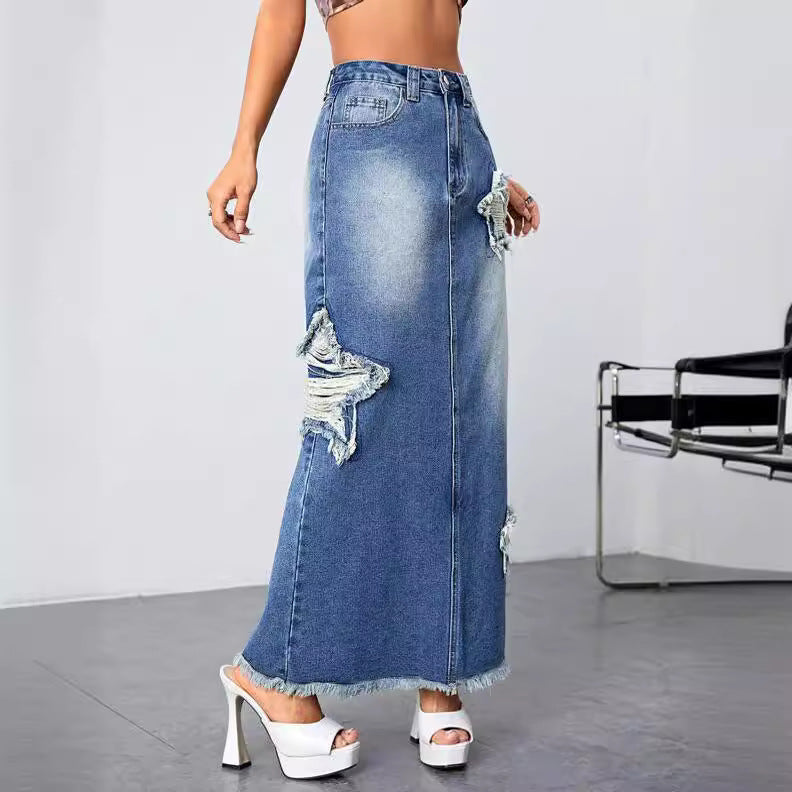 Women's Frayed Worn Denim High Waist Slit Skirts