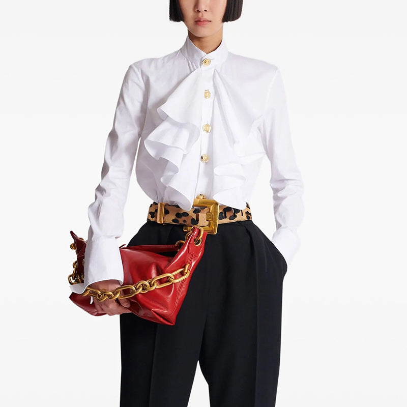 Fashion Simple Slim Fit Ruffle White Blouses