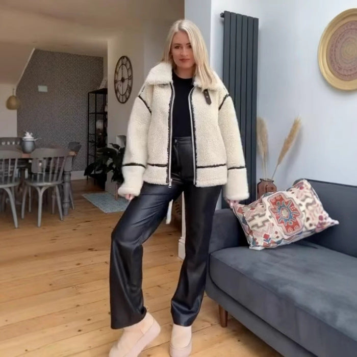 Women's Lamb Wool Motorcycle Fur Integrated Thickened Coats