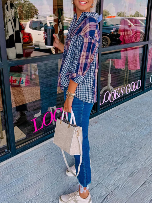 Women's Summer Retro Street Casual Plaid Long-sleeved Blouses
