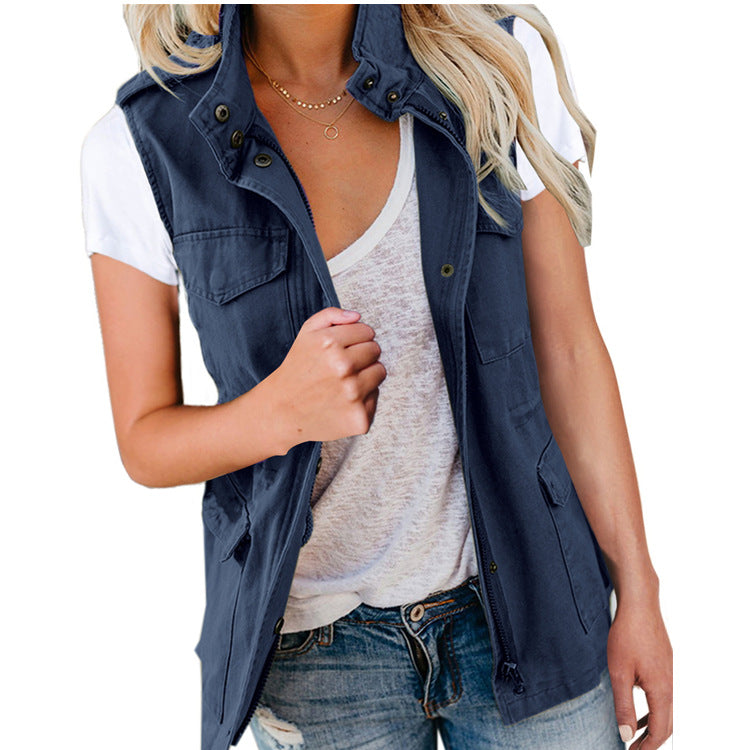 Fashion Solid Color Drawstring With Pocket Vests