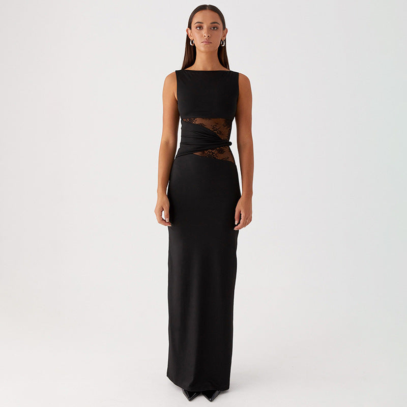 Women's Color Translucent Hollow Lace Twisted Belt Dresses