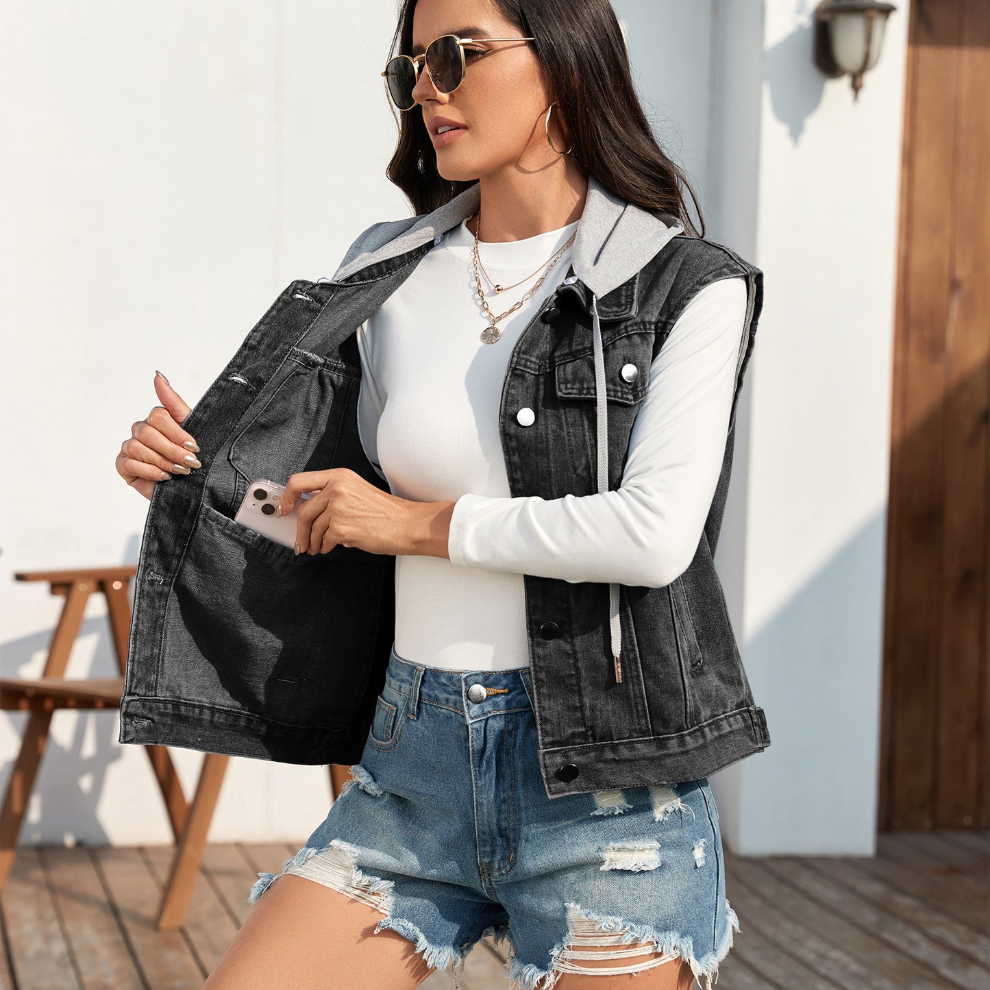 Women's Washed Classic Look Denim Waistcoat For Vests