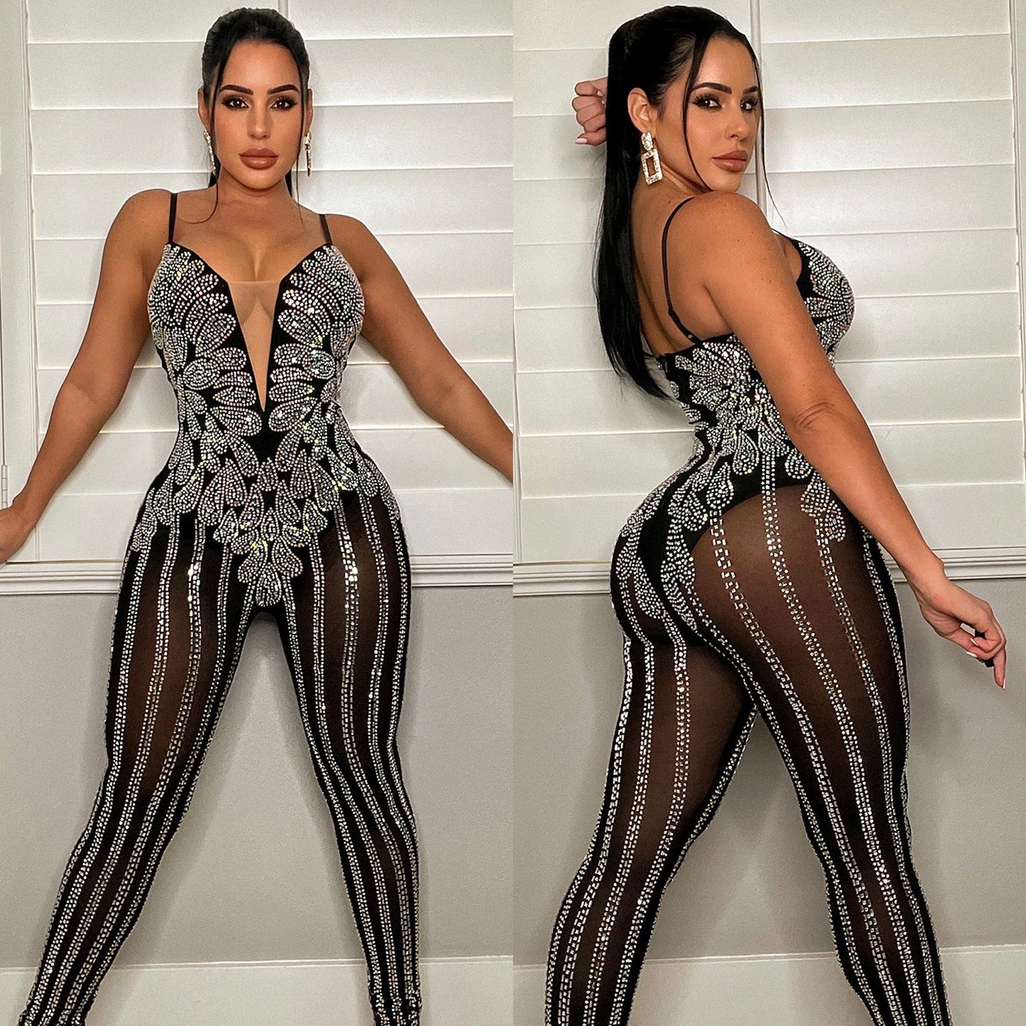 Women's Fashion Nightclub Mesh Rhinestone Sling Pants