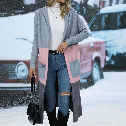 Women's Color Matching Pocket Personalized Letter Hooded Knitwear